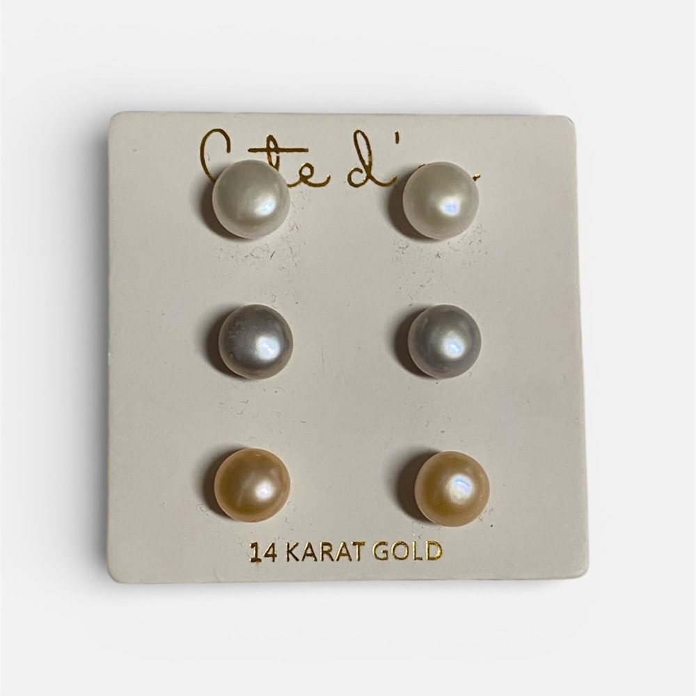 14K Gold 3 Pairs Peach Gray White Pearl Stud Earrings Set Modern Minimalist